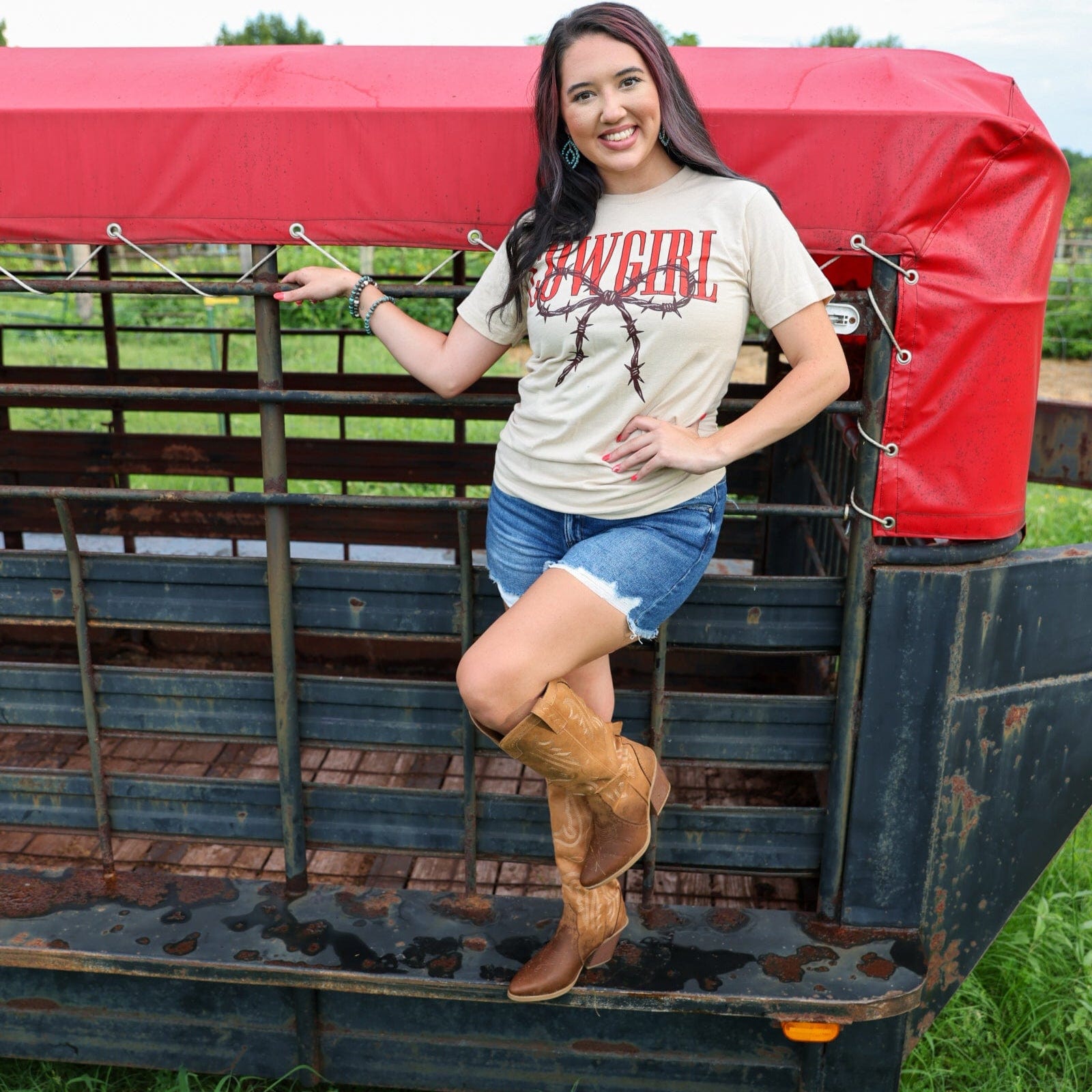 FestiviTees Women - Apparel - Shirts - T-Shirts Cowgirl Barbed Wire Bow Western Tee Soft Graphic Tee