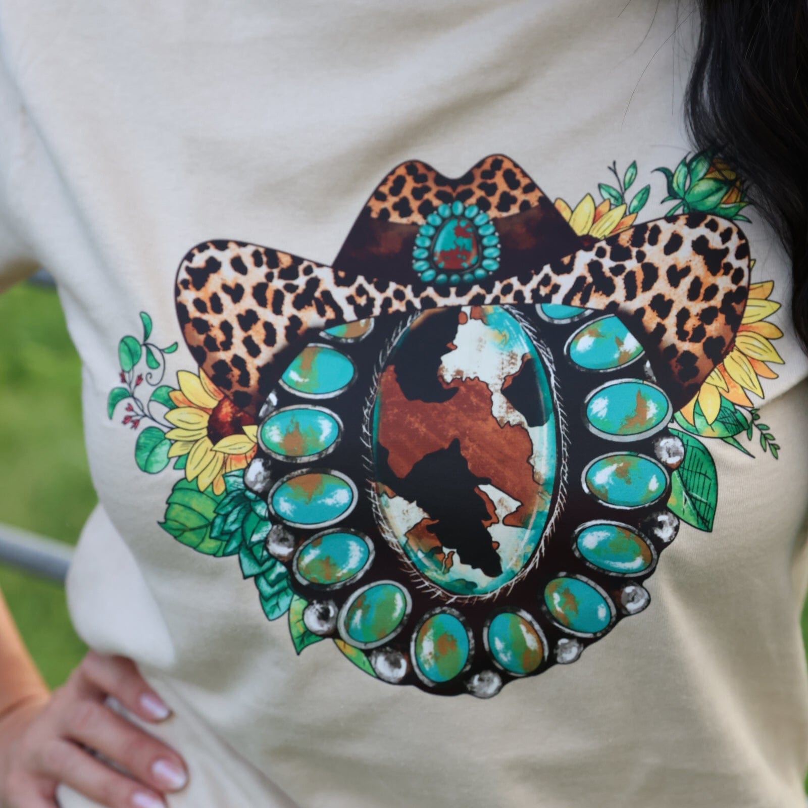 FestiviTees Women - Apparel - Shirts - T-Shirts Leopard Hat Turquoise Squash Blossom Soft Graphic Tee
