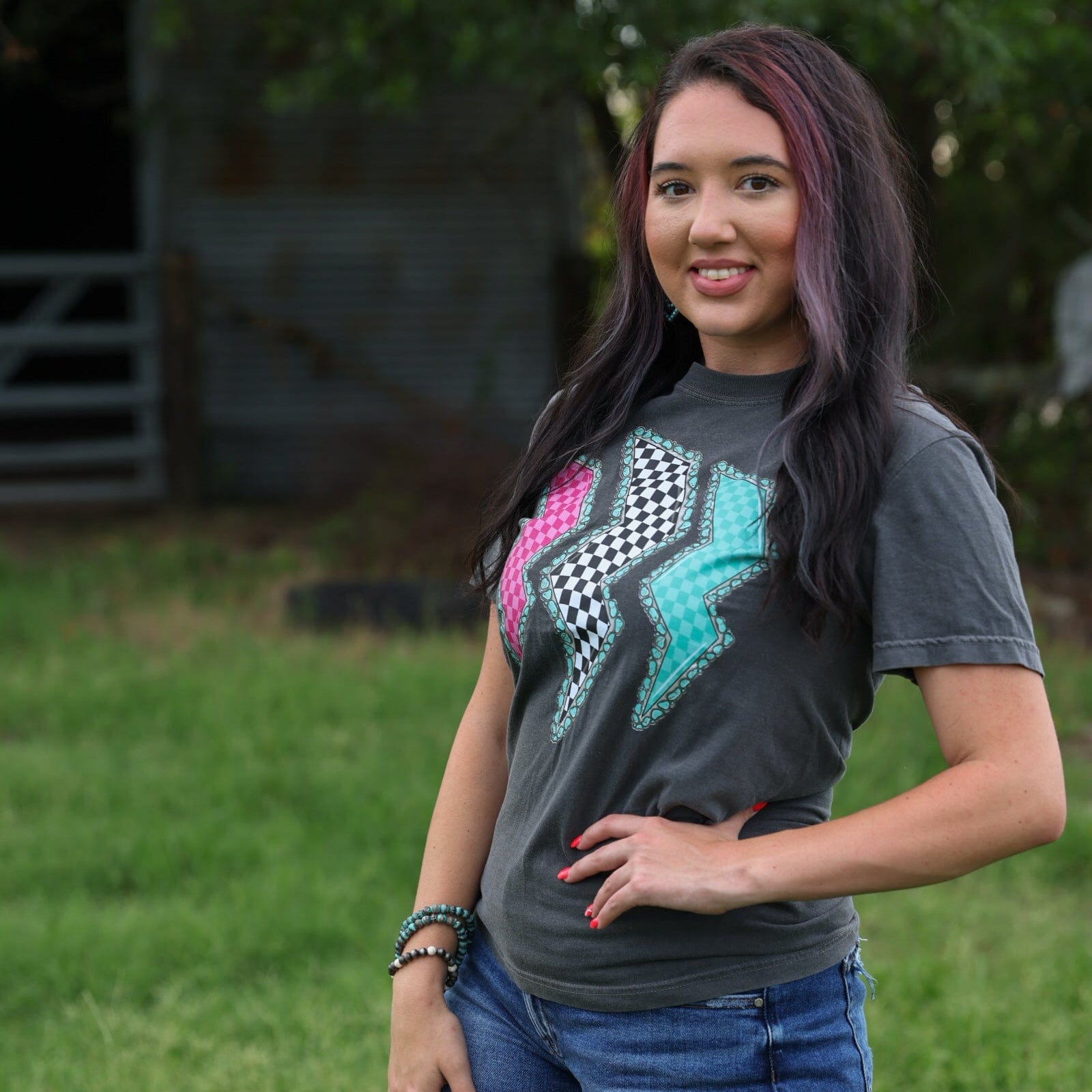 FestiviTees Women - Apparel - Shirts - T-Shirts Triple Lightning Bolt Turquoise Border Tee Soft Graphic Tee