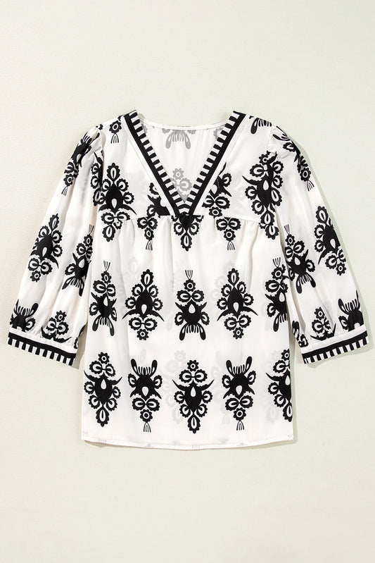 Boho Beige and Black Print Puff Sleeve Blouse