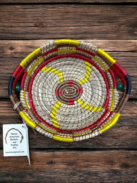 Buffalo Sweetgrass handwoven basket, sunburst design with green beaded handles