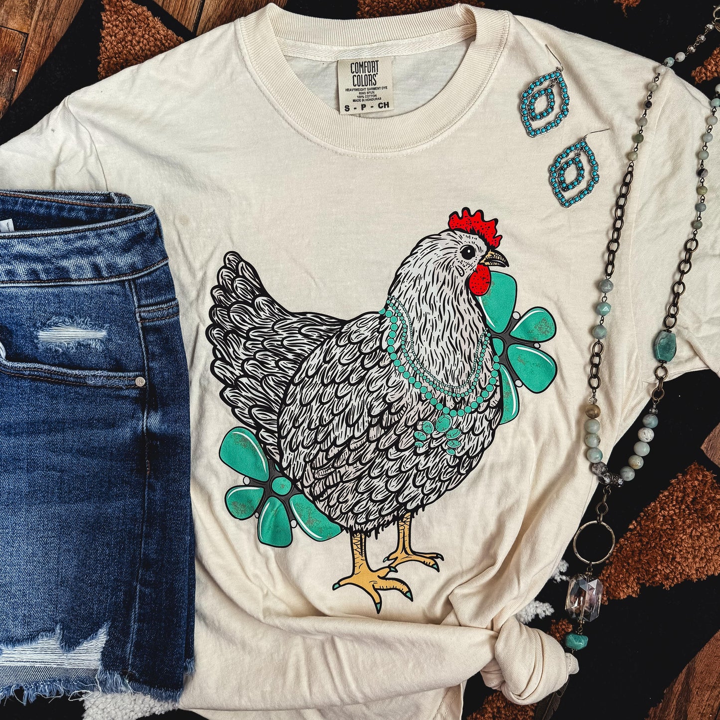 FestiviTees Women - Apparel - Shirts - T-Shirts Turquoise Chicken with Flowers Soft Graphic Tee
